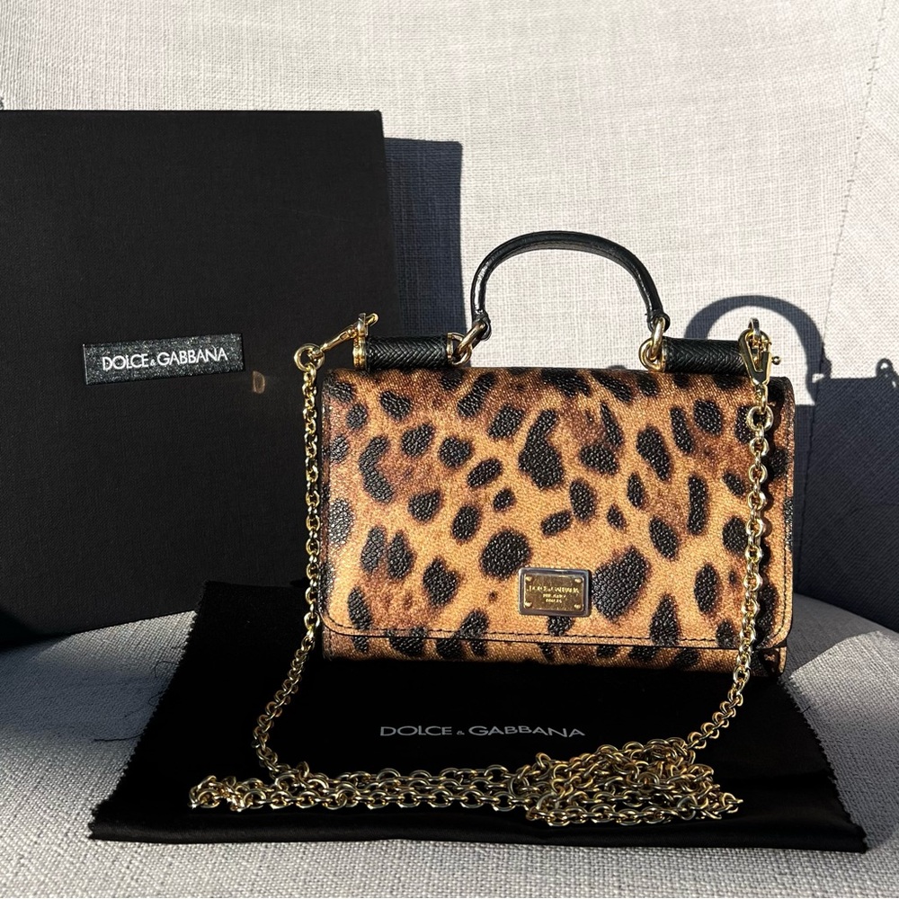 DOLCE GABBANA Dauphine Leopard Print Mini Miss Sicily Chain Wallet Brown Black